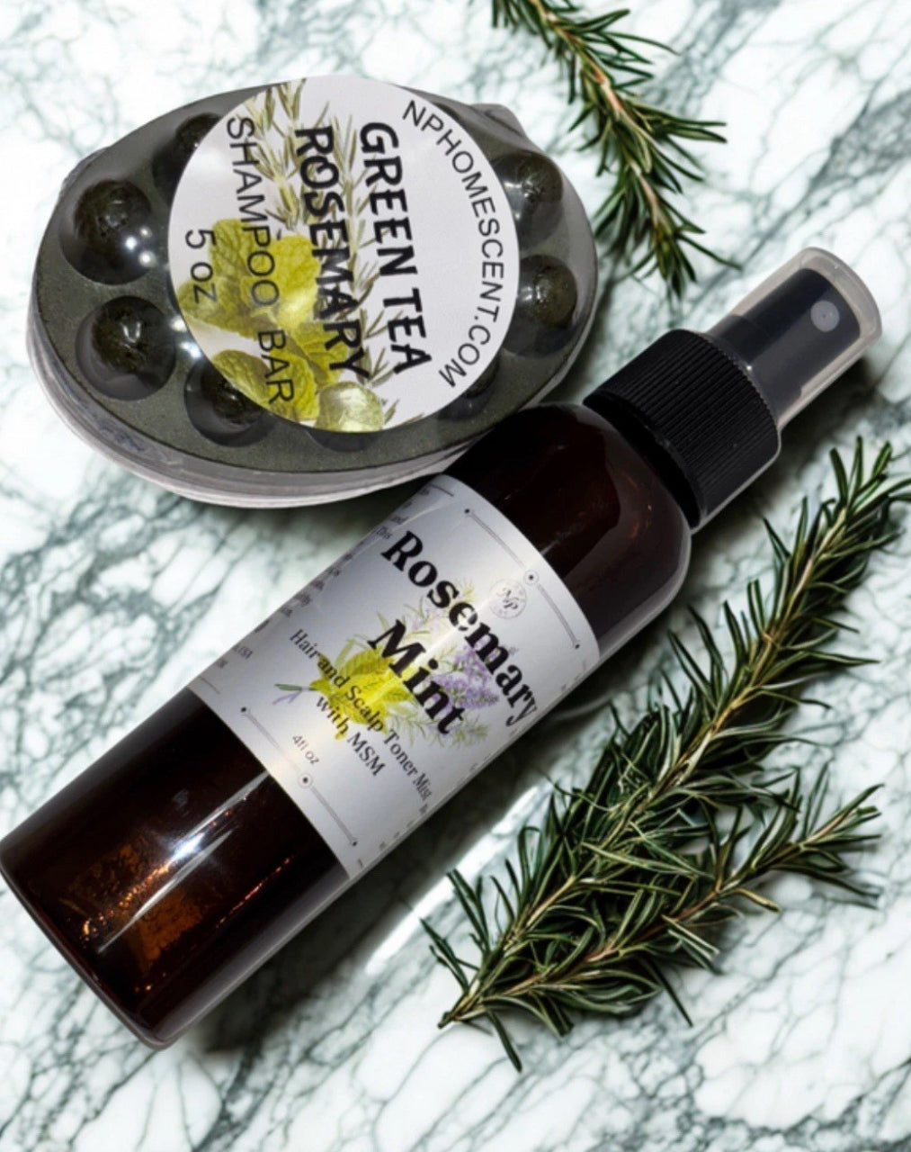 Rosemary-Mint Hair and Scalp Mist And Green Tea-Rosemary Shampoo Bar Set.